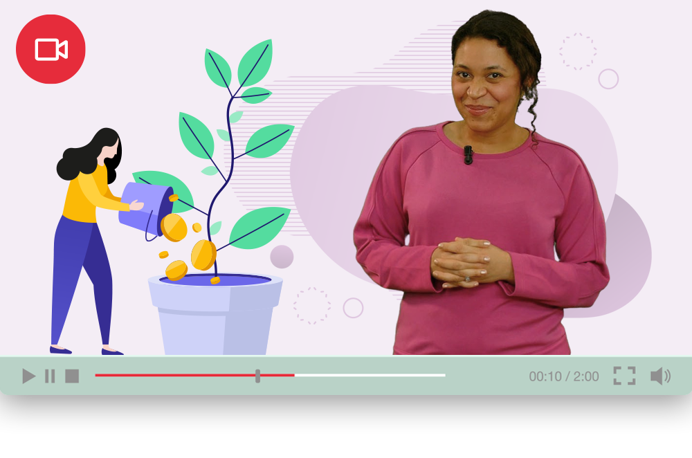 Camilla steht vor einem violetten Hintergrund.