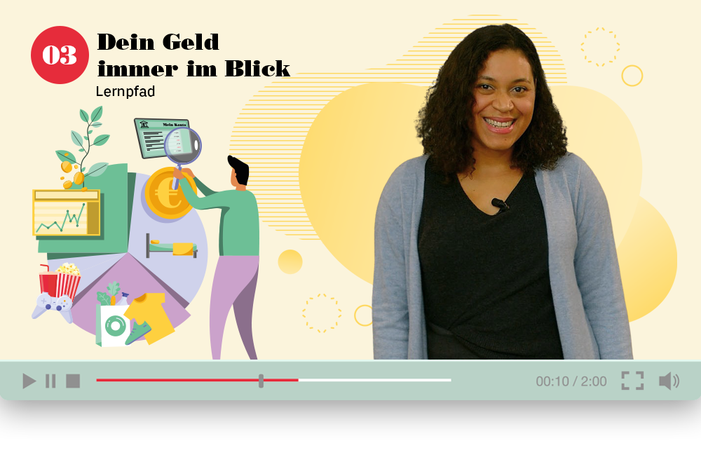 Camilla sitzt an einem Tisch, im Hintergrund steht "Dein Geld immer im Blick"