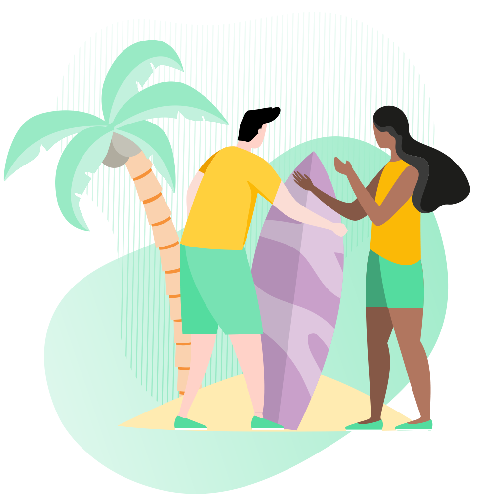 Grafik: Mann und Frau mit einem Surfbrett vor einer Palme Grafik: Mann und Frau mit einem Surfbrett vor einer Palme