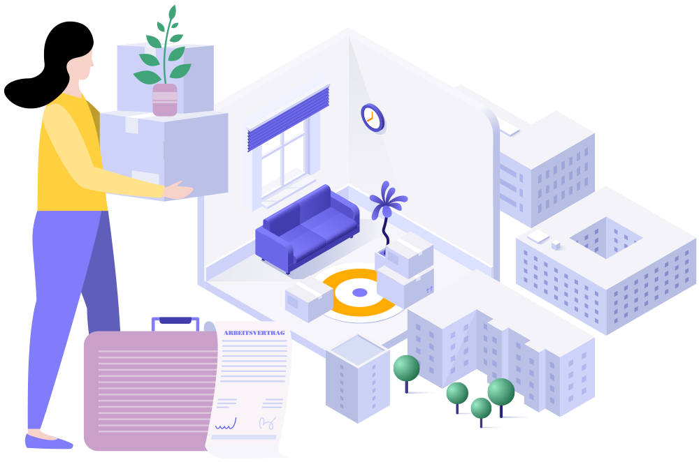 Grafik: Frau trägt Zimmerpflanze in neue Wohnung, neben ihr stehen Koffer.