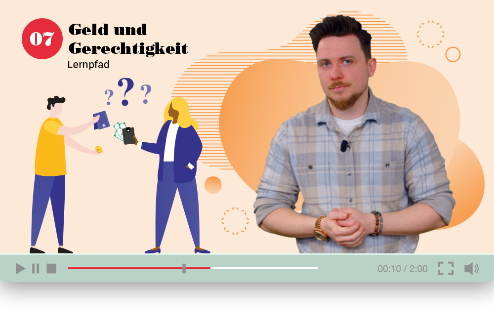 Moderator steht vor buntem Hintergrund mit Illustration von zwei Menschen mit Portmonnaies.