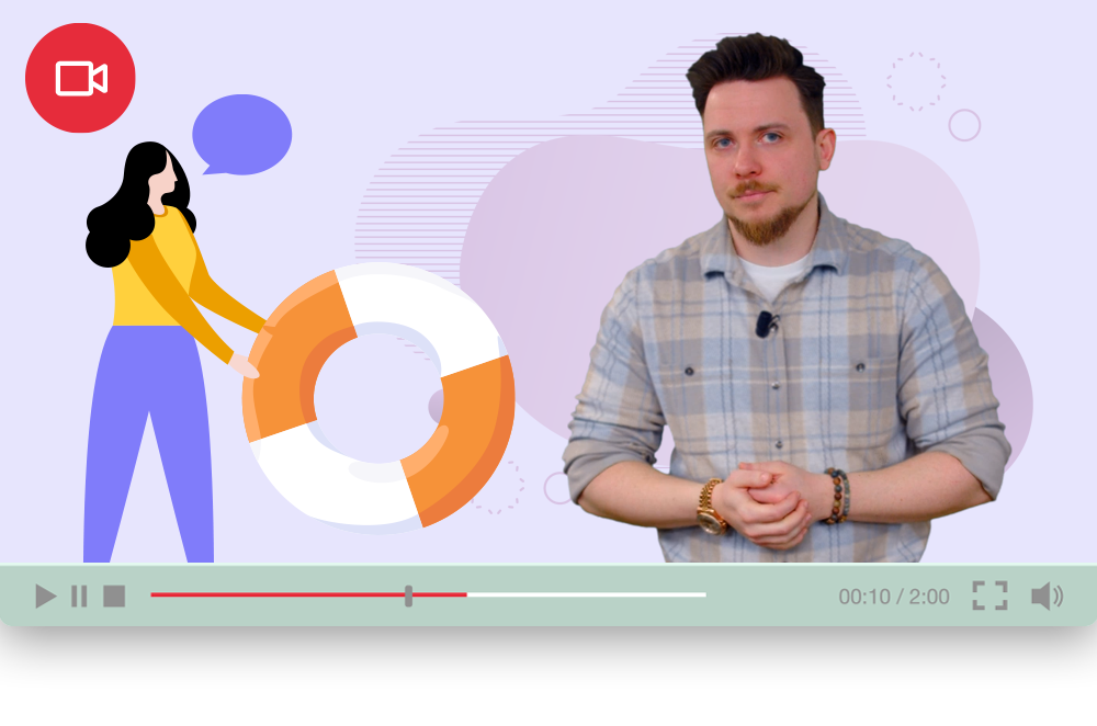 Moderator steht vor buntem Hintergrund mit Illustration von Person mit Rettungsring.
