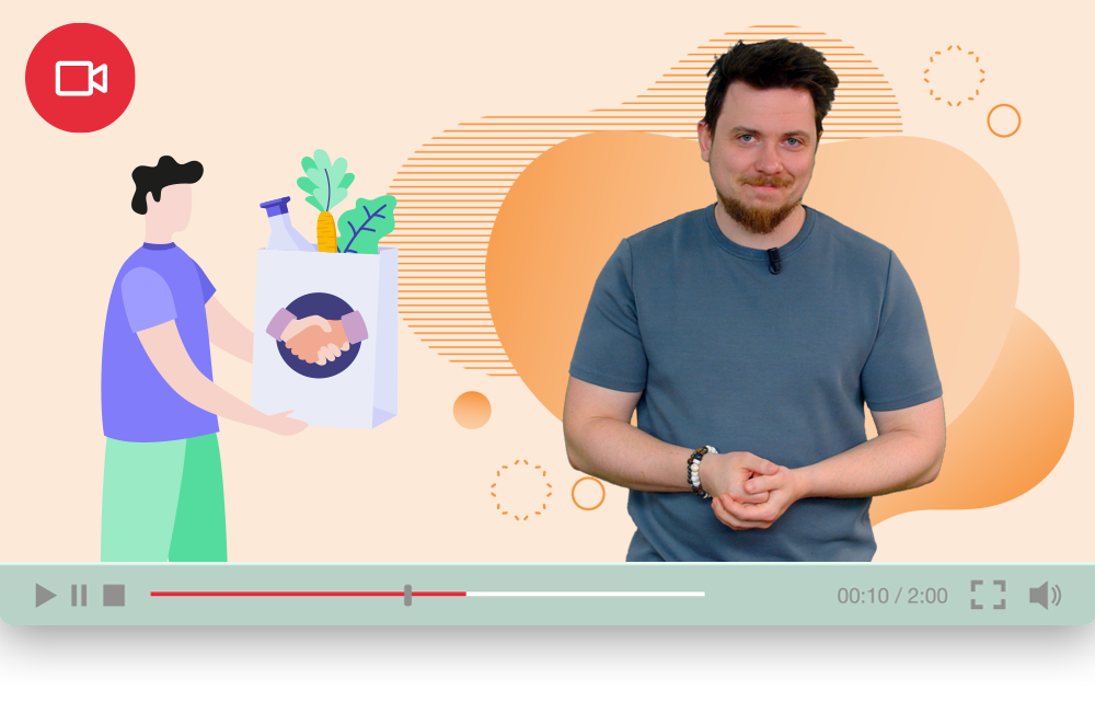 Moderator steht vor buntem Hintergrund mit Illustration von Person mit Tüte voller Einkäufen.