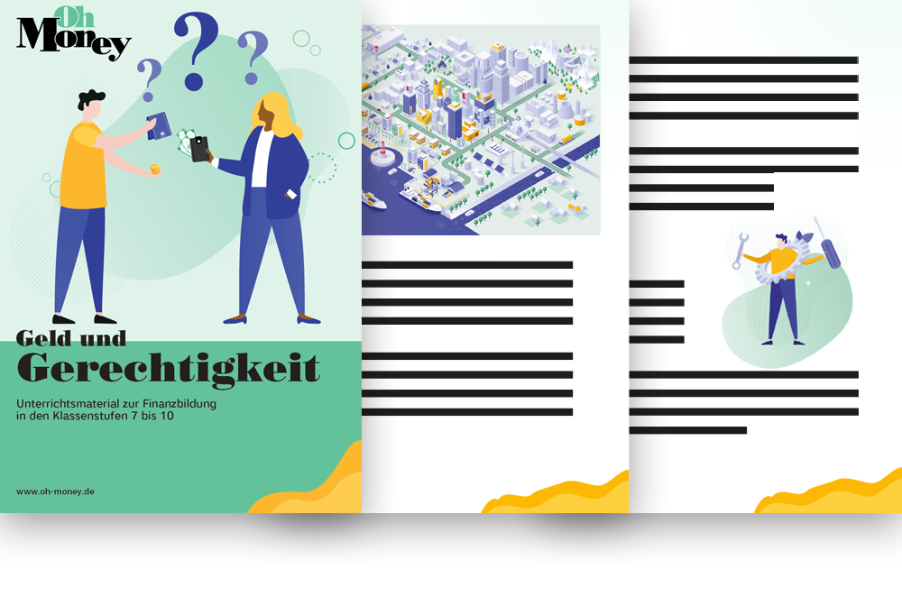Cover-Grafik mit zwei Personen, Geldmotiven und Geldbörsen.